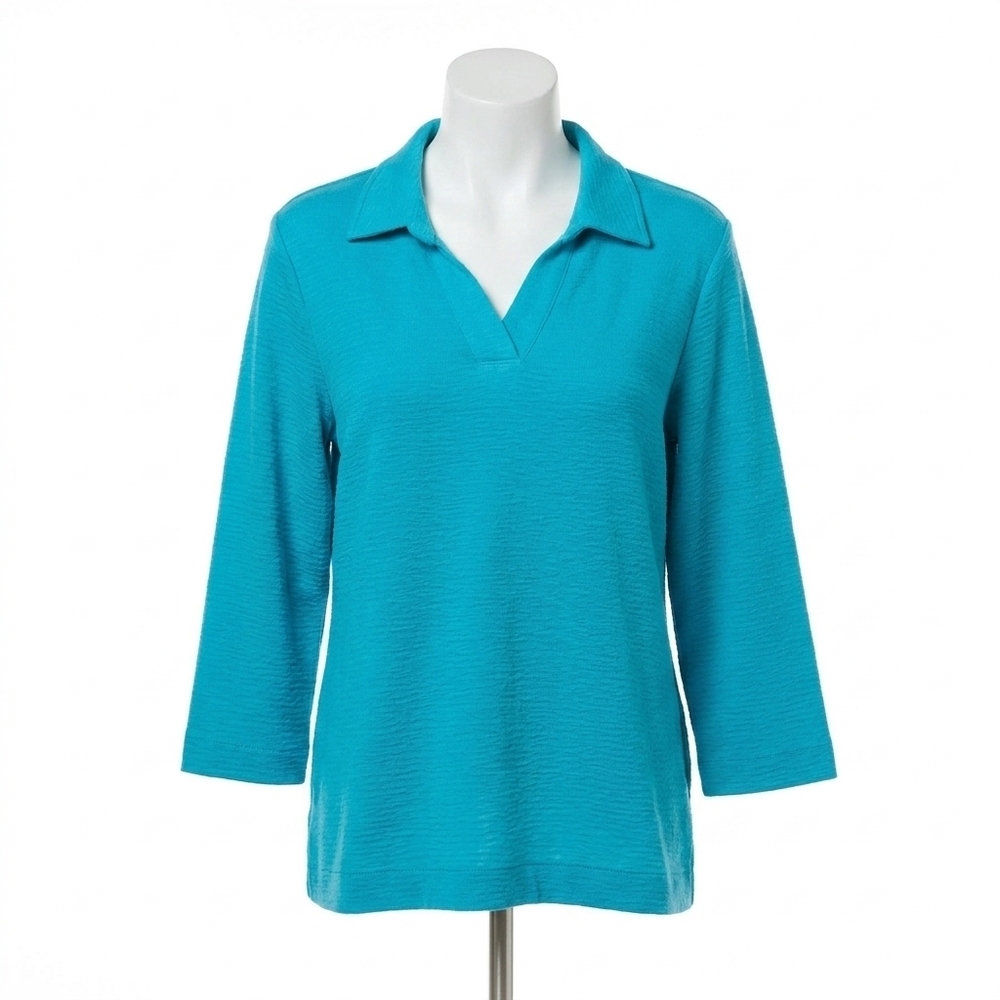 NEW MULTIPLES johnny collar 3/4 sleeve top in aqua